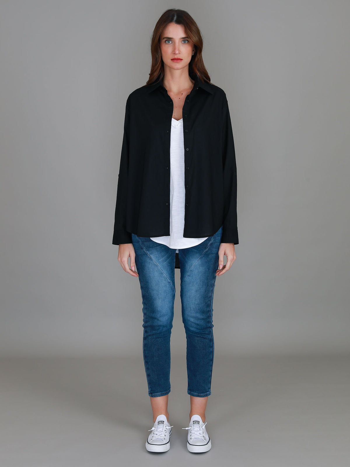 womens black button shirt