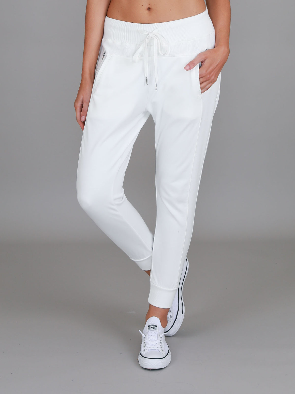 all white joggers