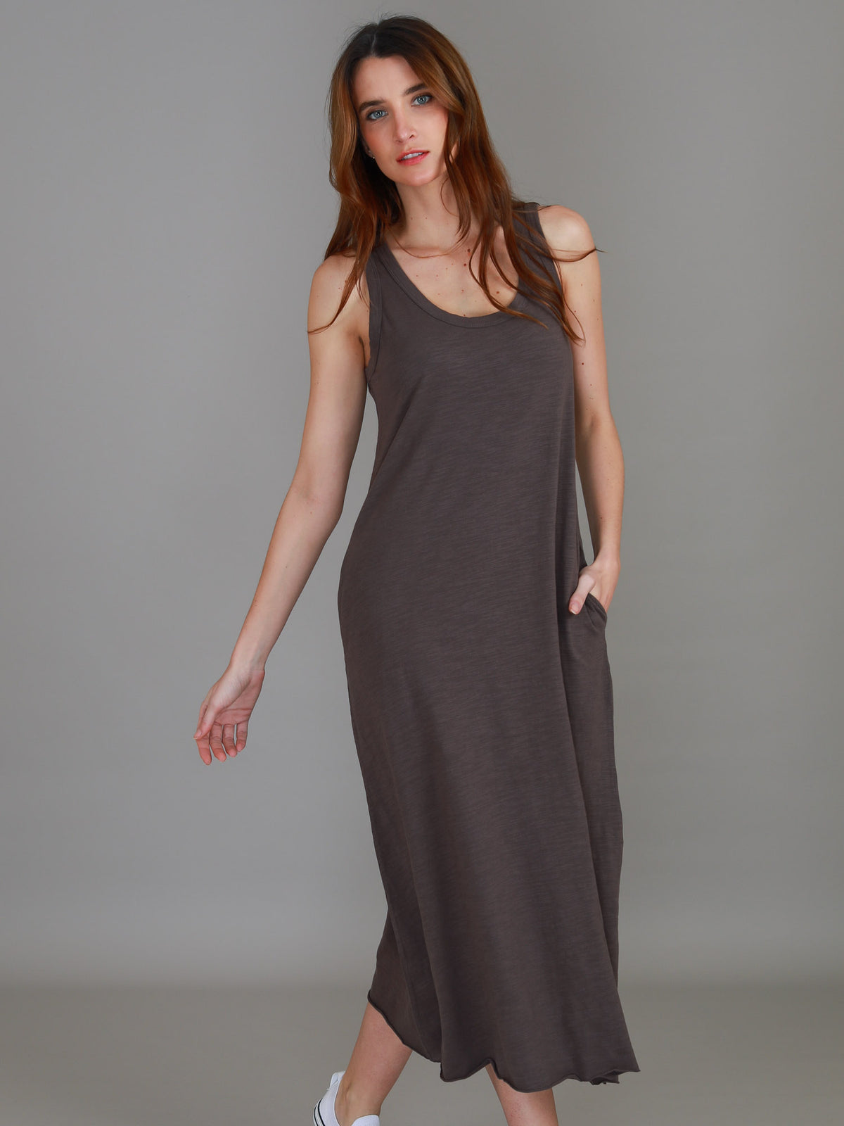 brown sleeveless tank dress