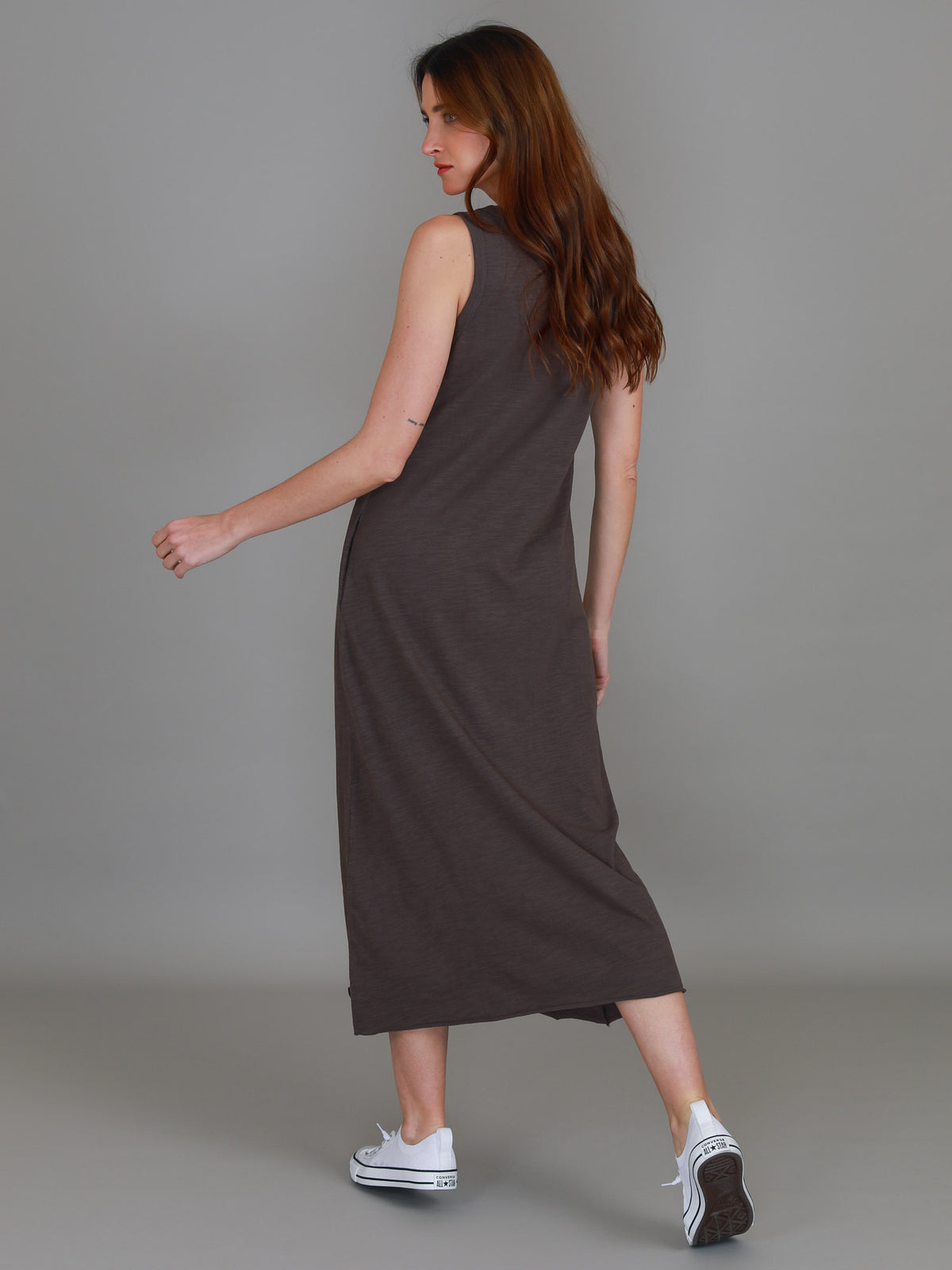 brown scoop neck midi dress