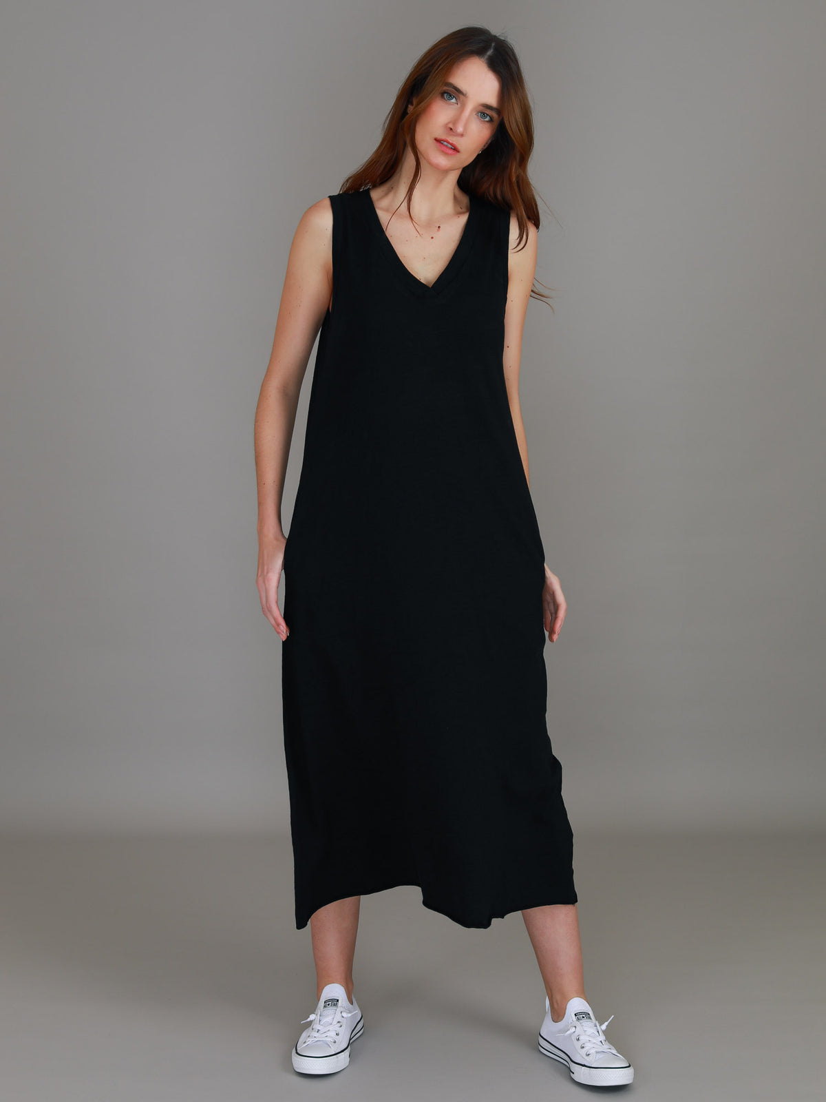 black v neck tank dress