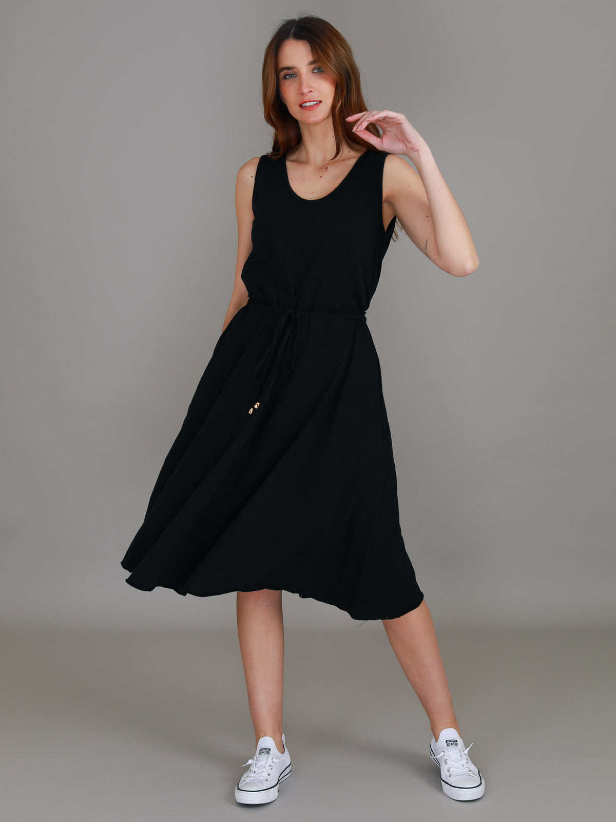 black drawstring waist dress