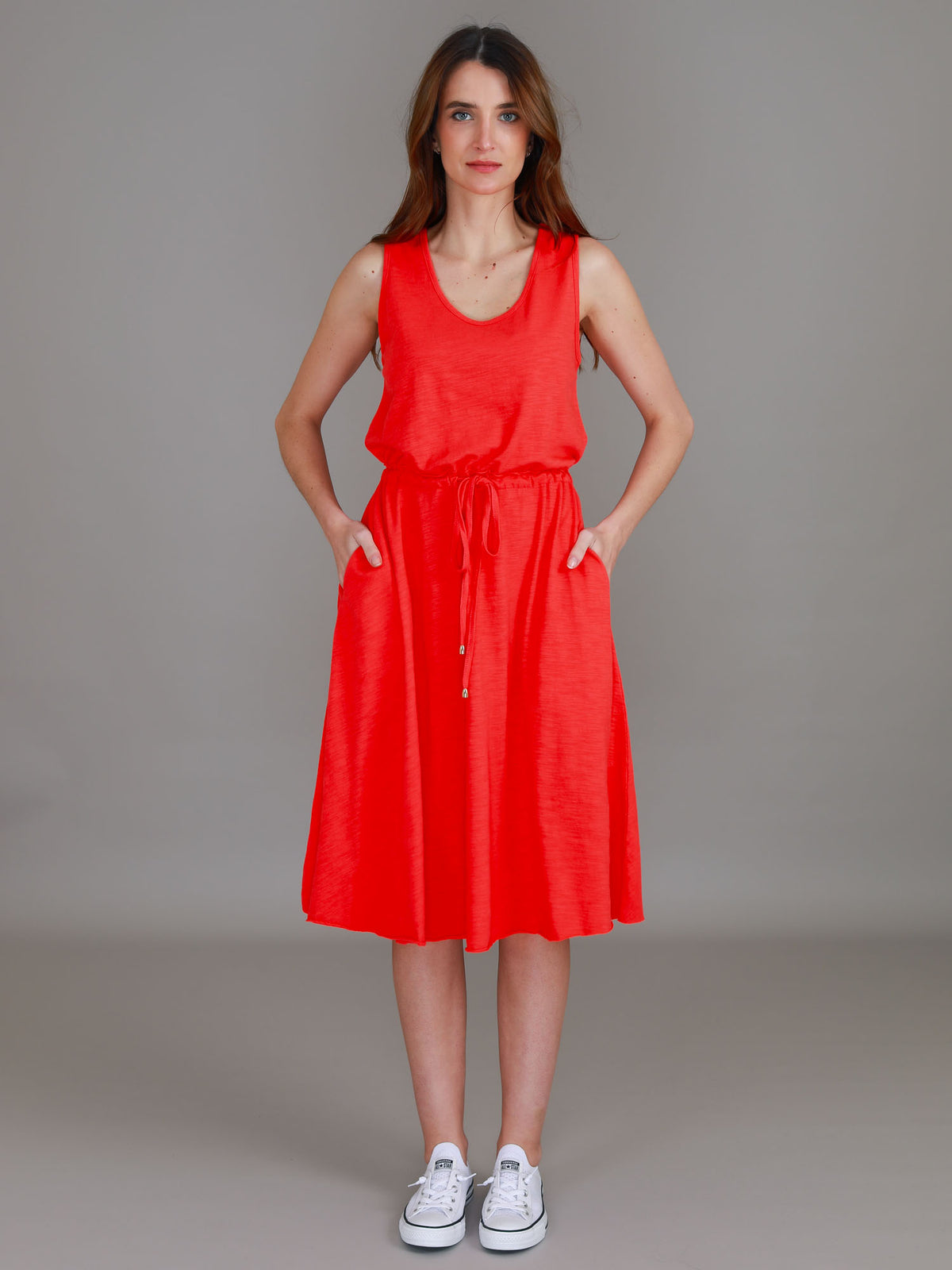 red sleeveless midi dress