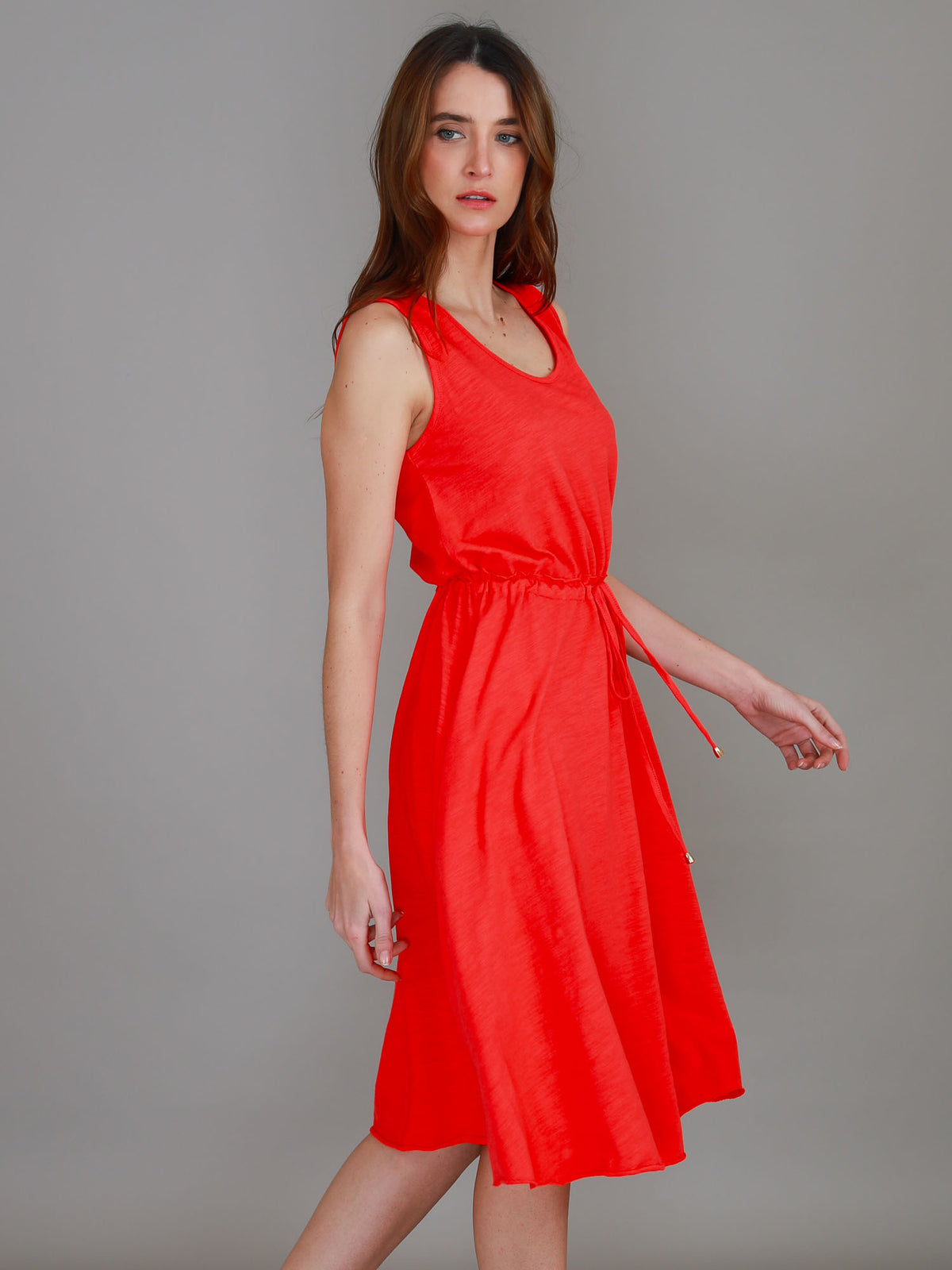red drawstring midi dress