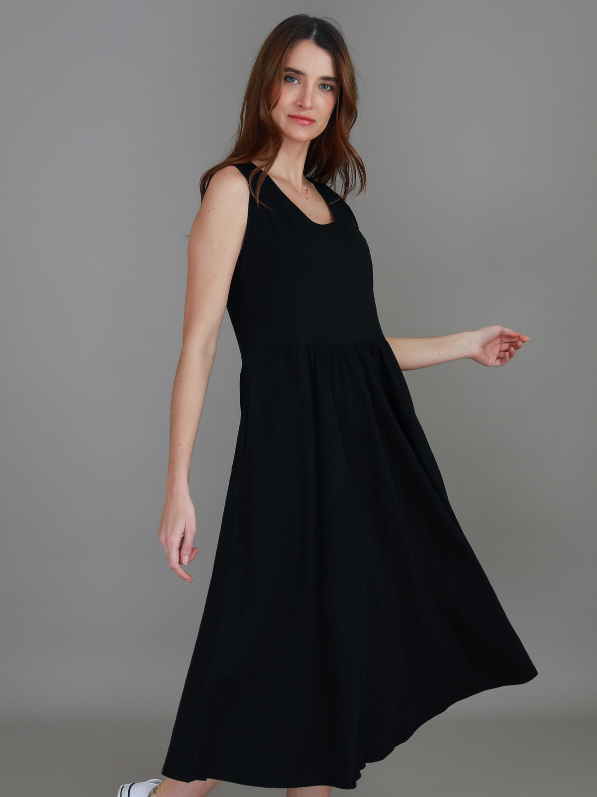 black gathered waist dress