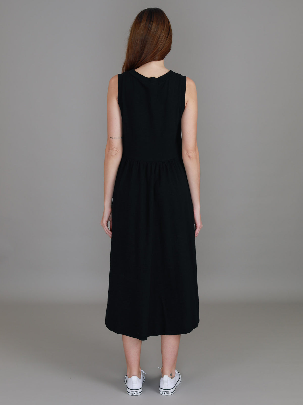 black drapey midi dress