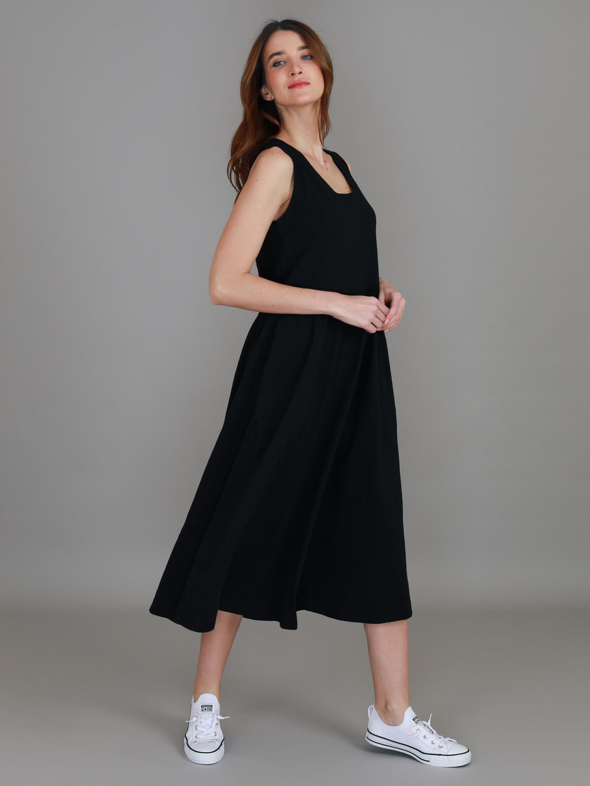 black scoop midi dress