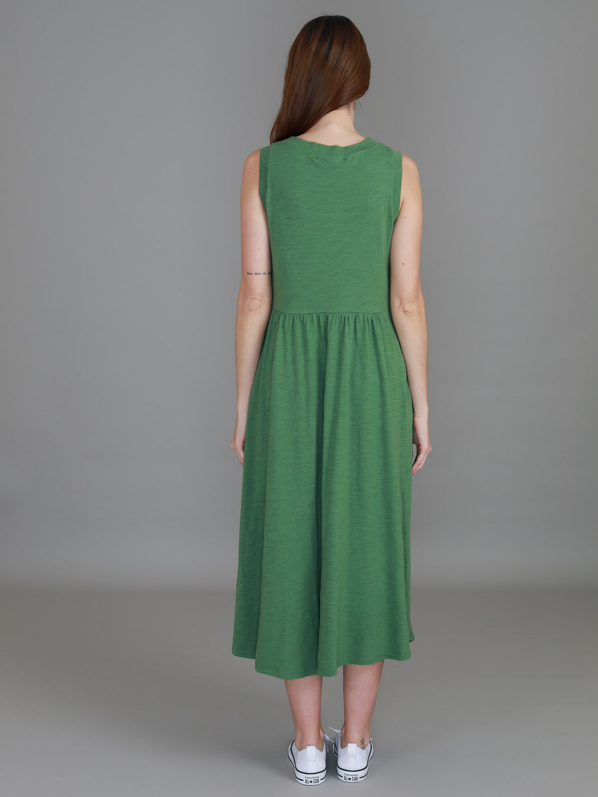 green gathered waist dress
