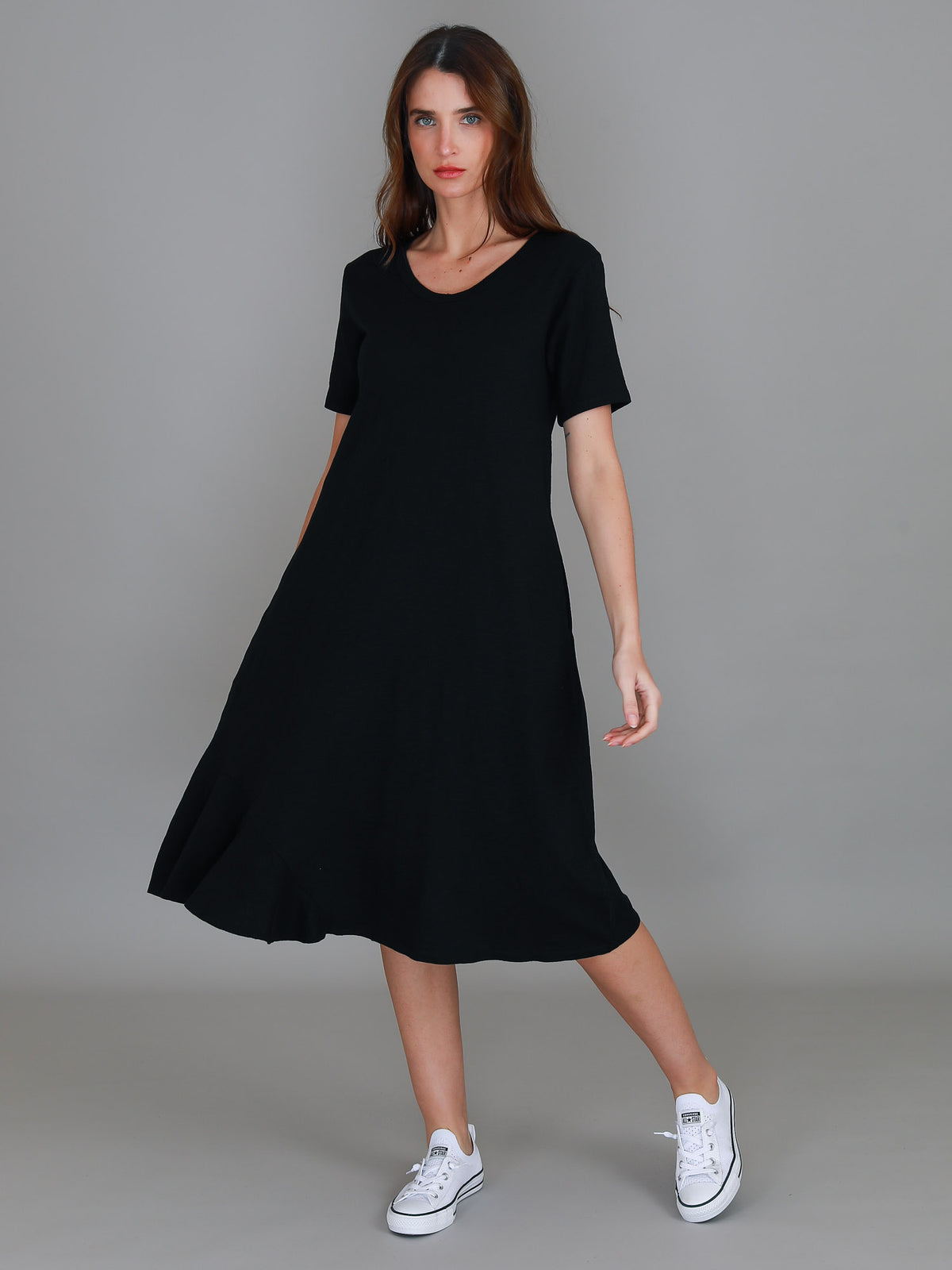 black scoop neck midi dress
