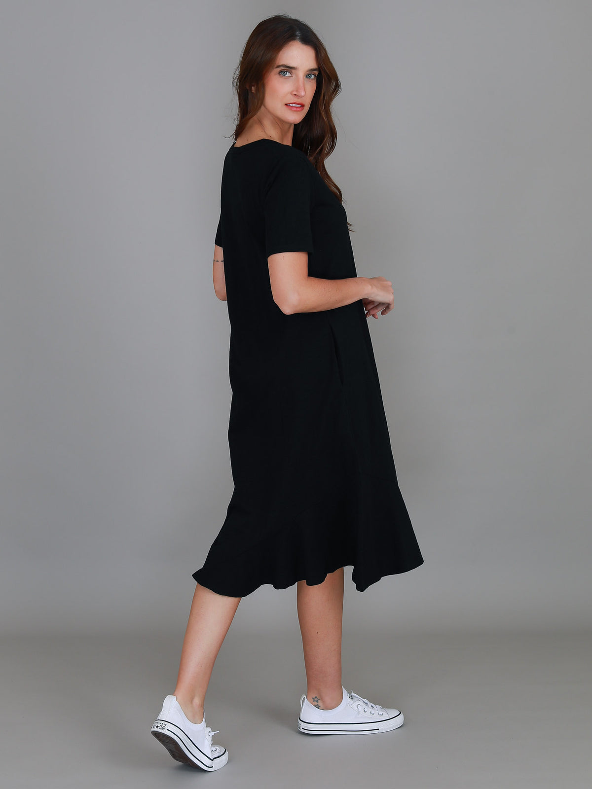 black flared midi dress