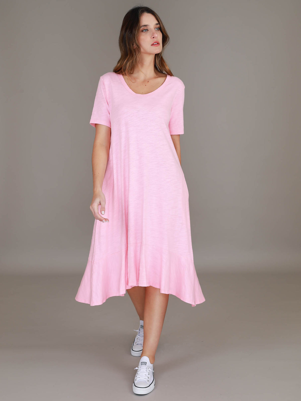 pink scoop neck dress #color_powder pink