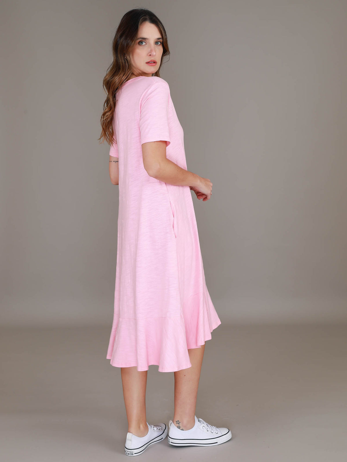 pink short sleeve dress #color_powder pink