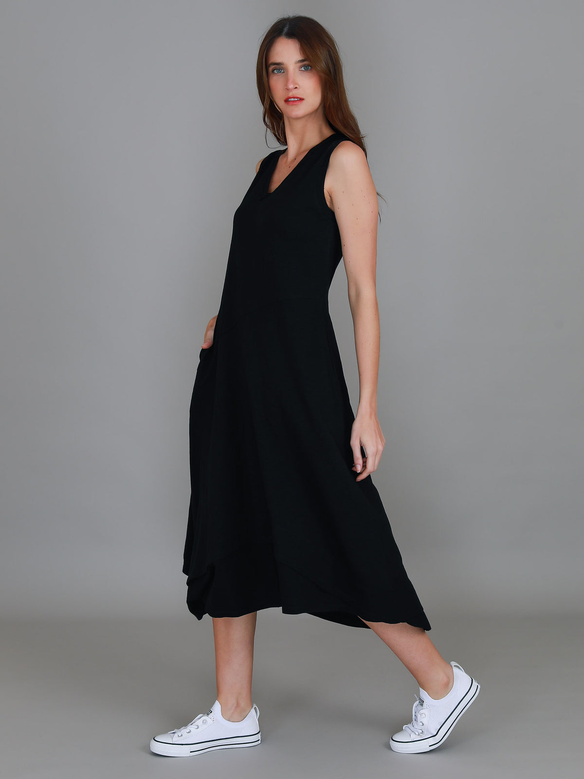 black asymmetric midi dress