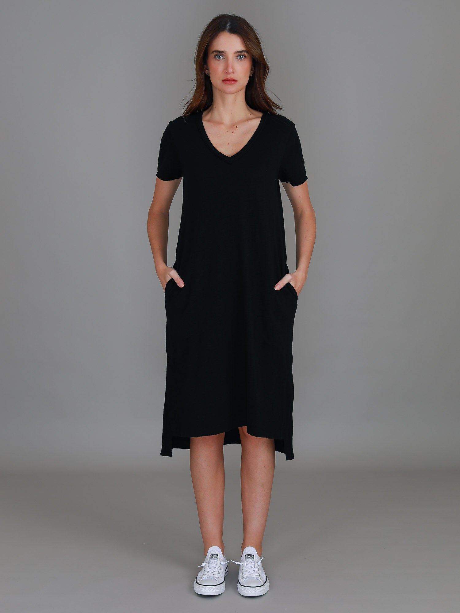 v neck shift dress #color_black