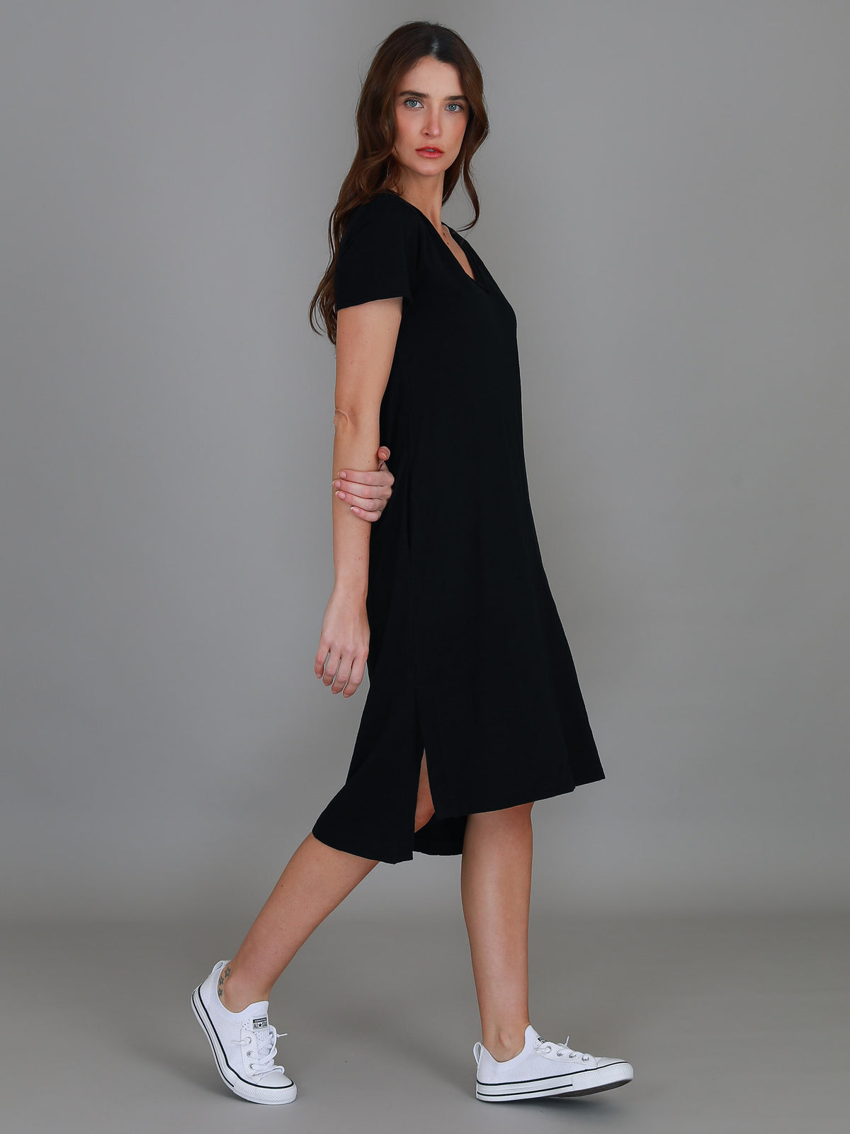 black v neck side split dress