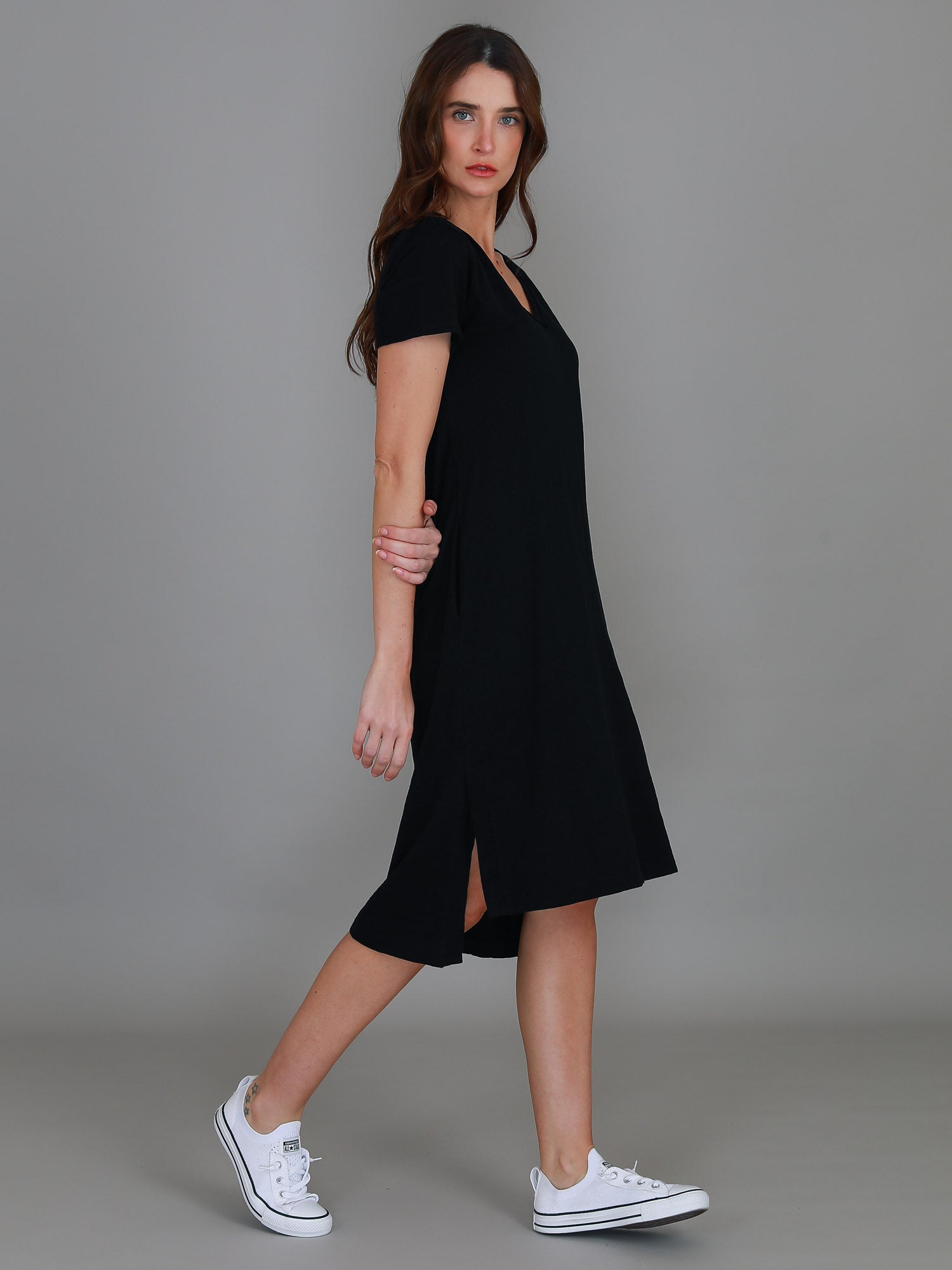 midi v neck dress #color_black