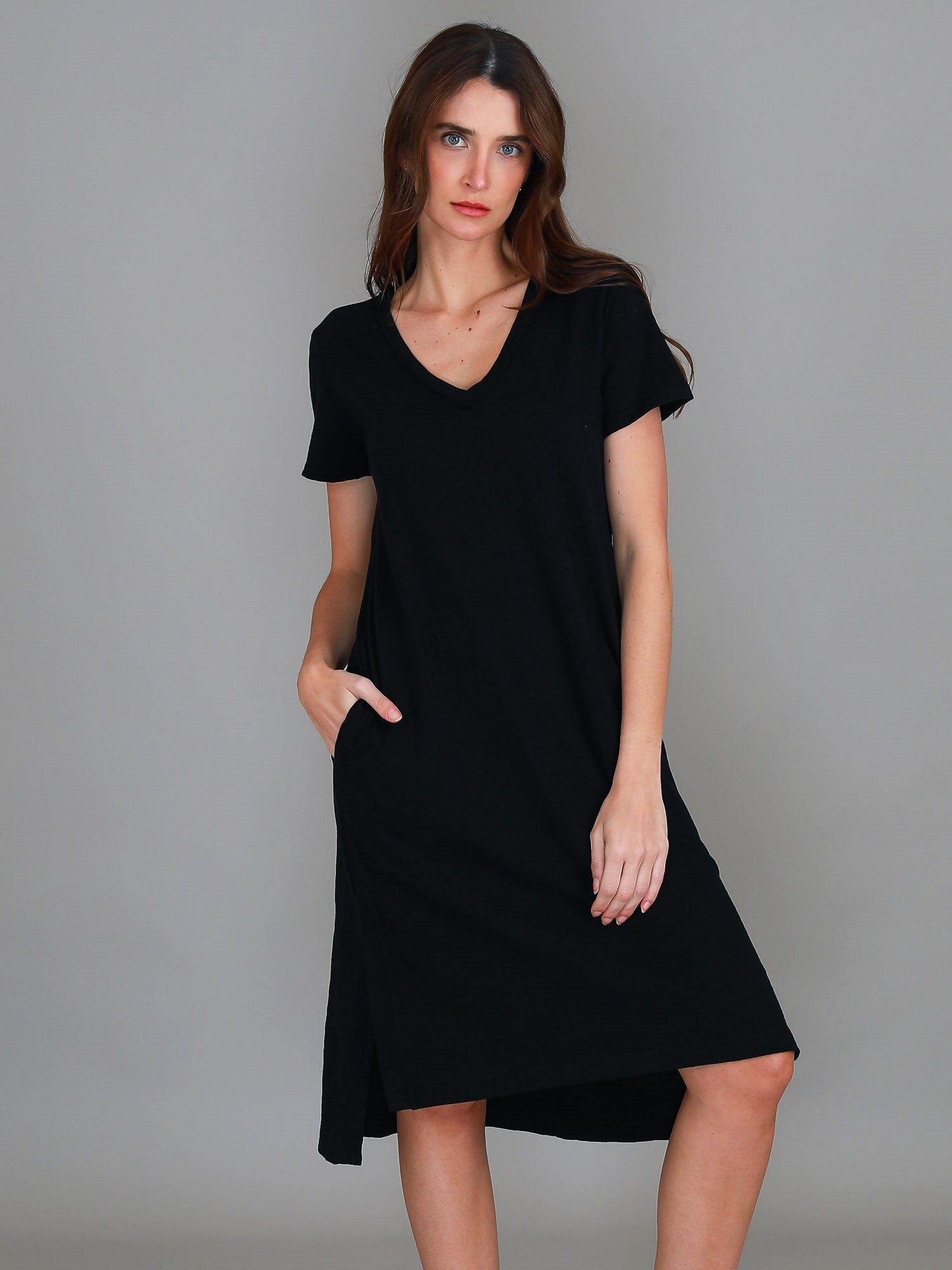 v neck a line dress #color_black