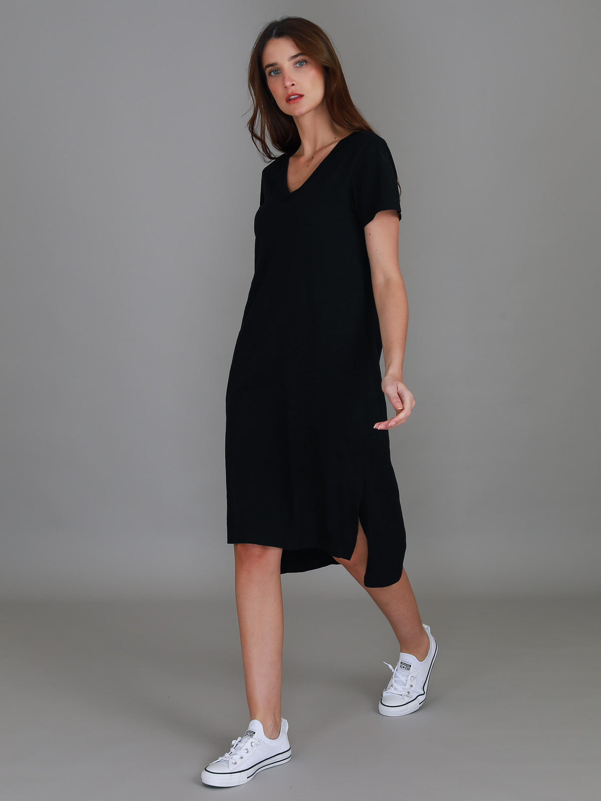 black v neck knee length dress