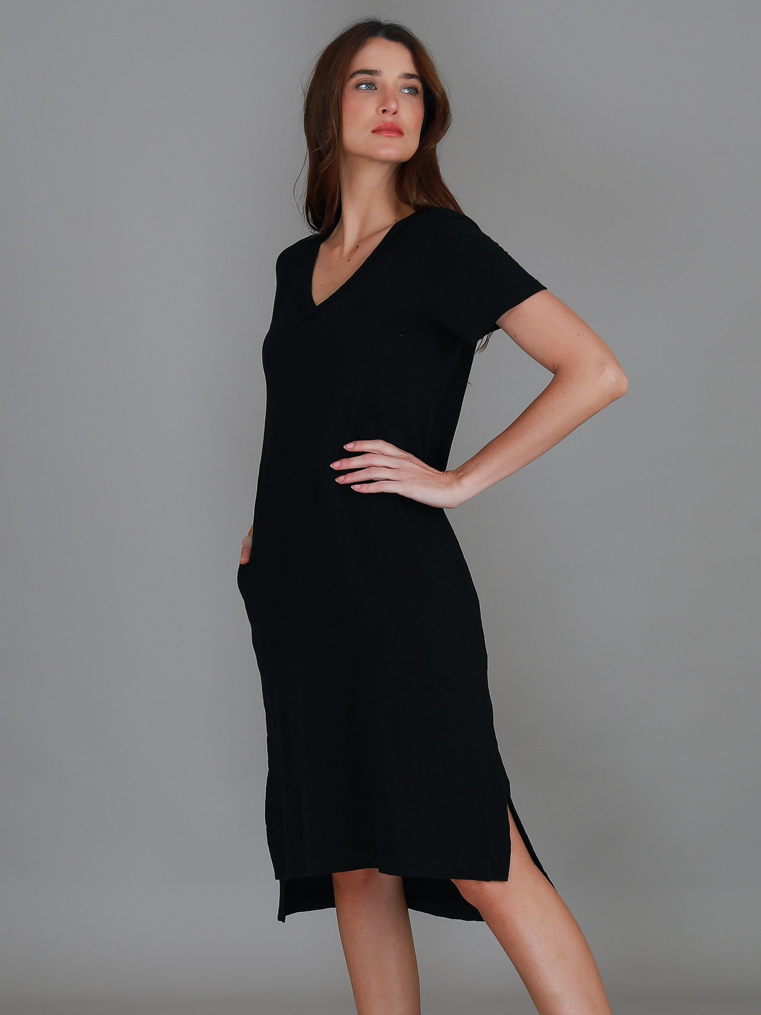 a line v neck dress #color_black