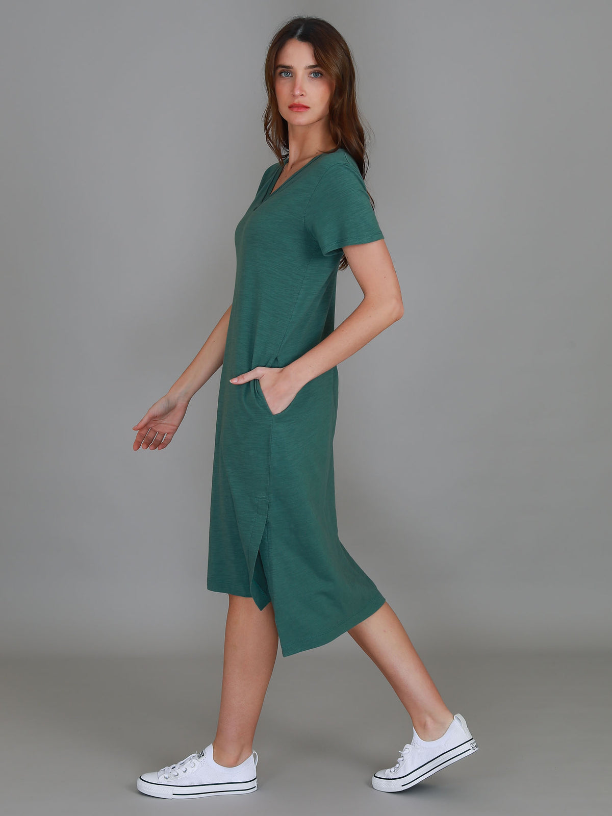 green v neck shift dress