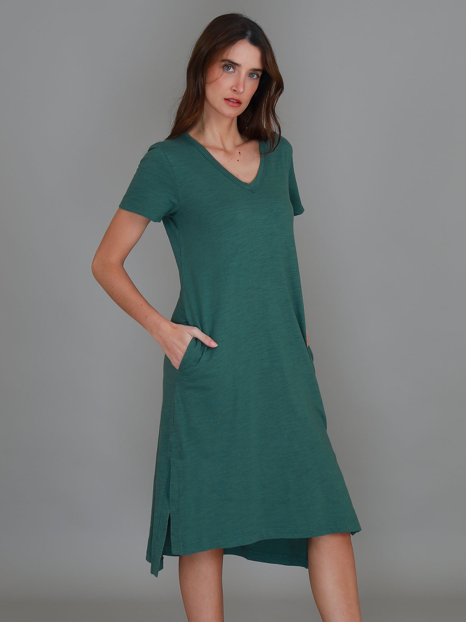 green v neck dress #color_fern