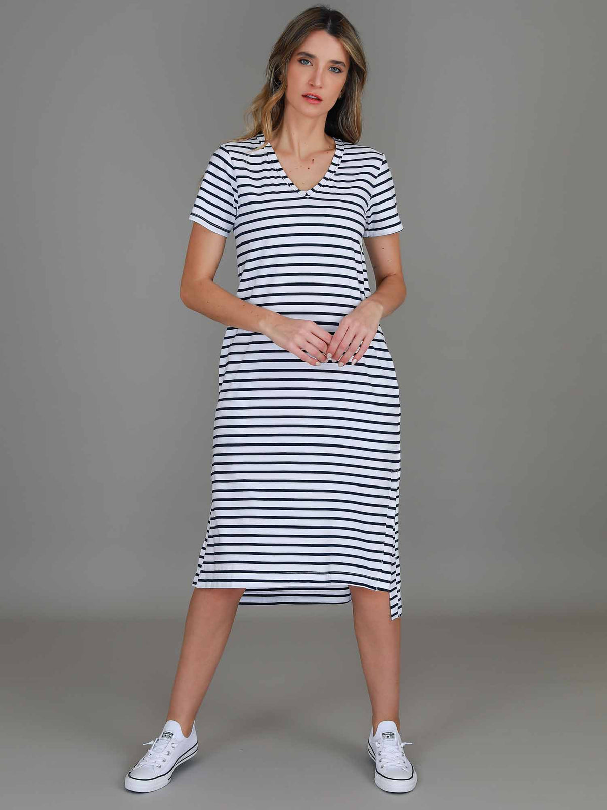 striped v neck dress women