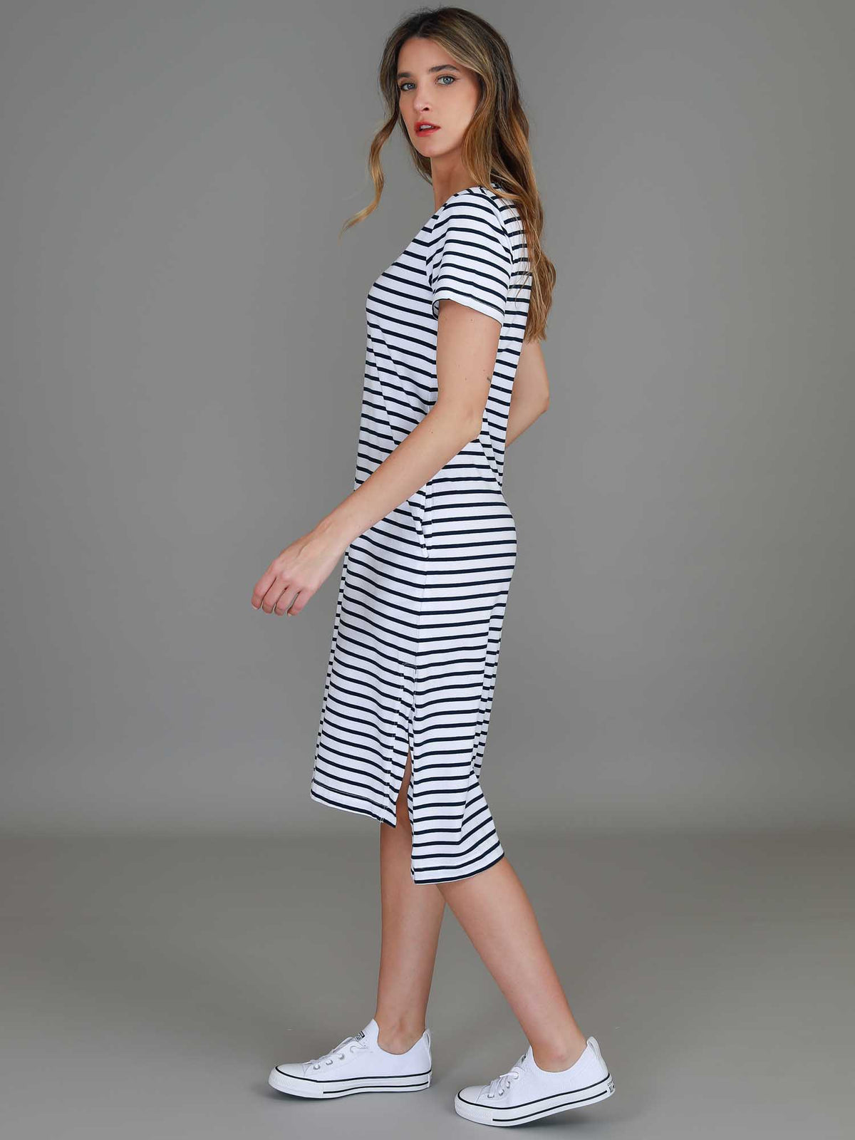 navy white stripe dress