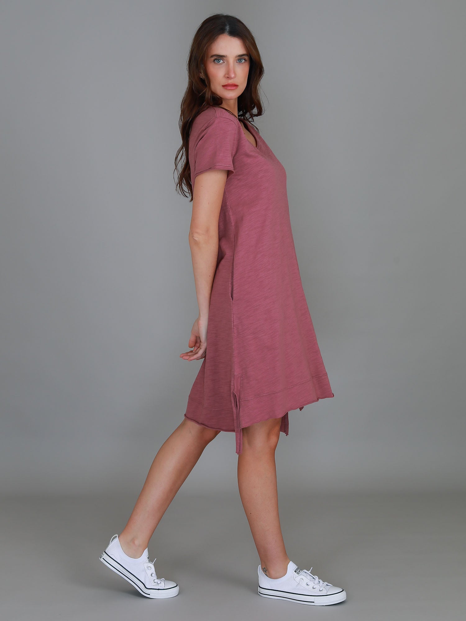 knee length long sleeve dress #color_plummy