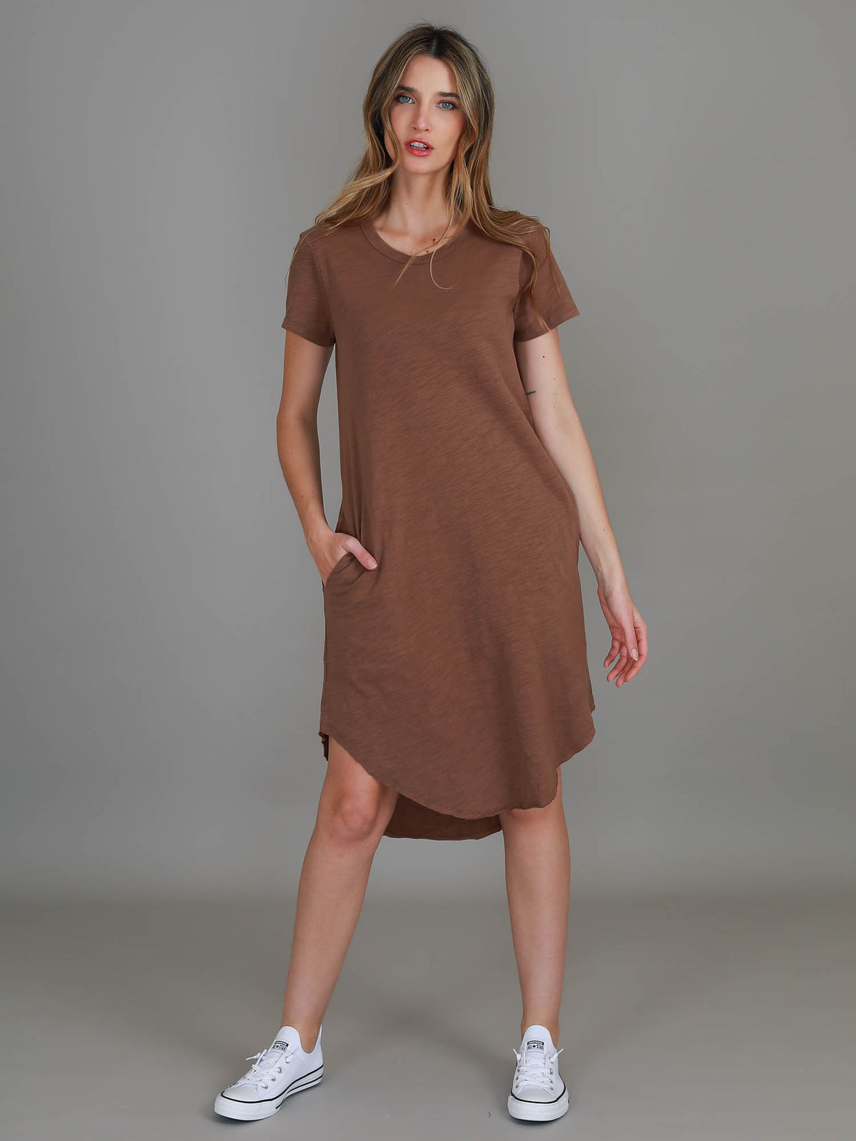 tan shift dress