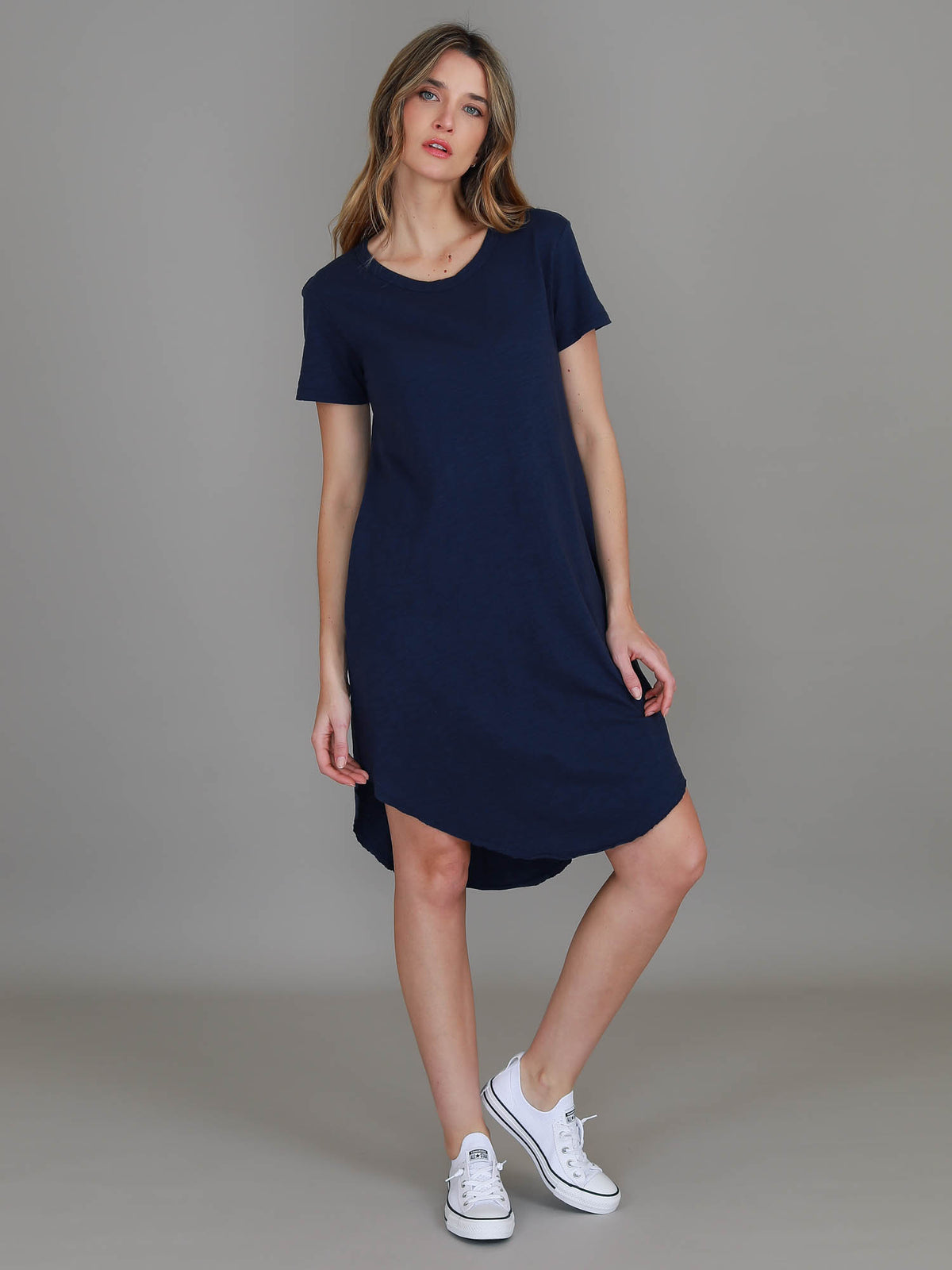 navy high low dress