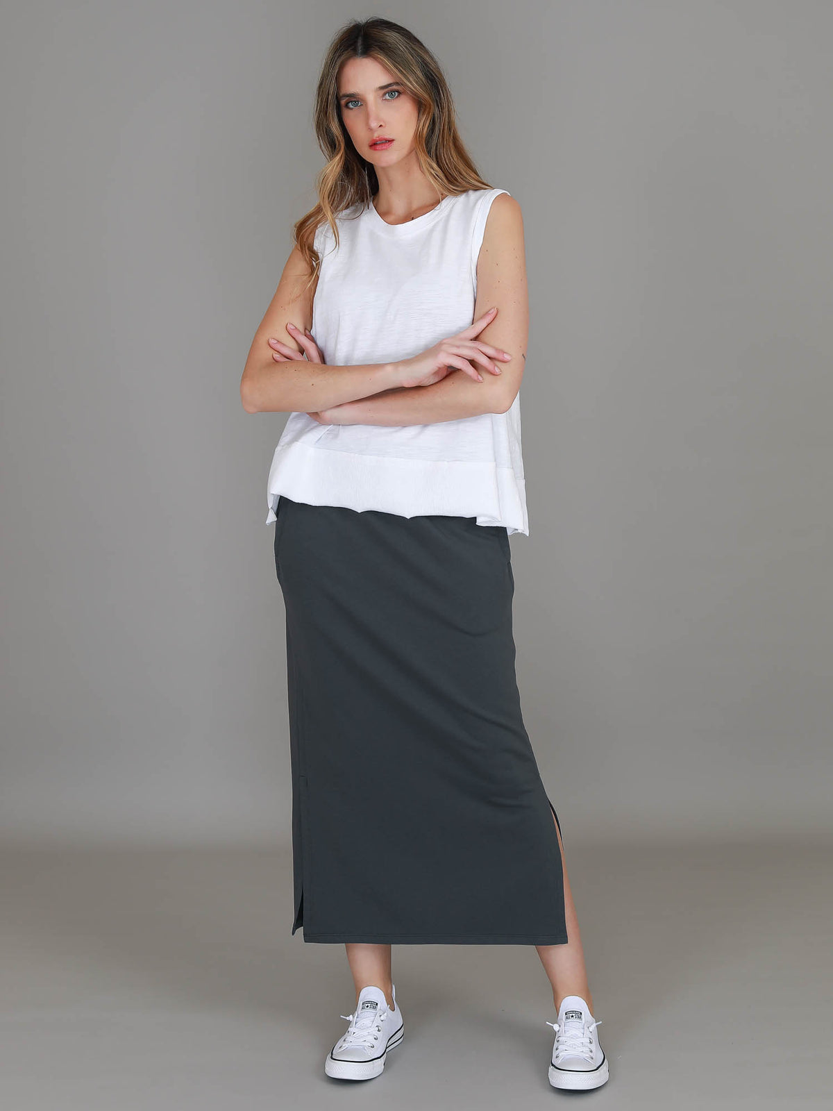grey midi skirt