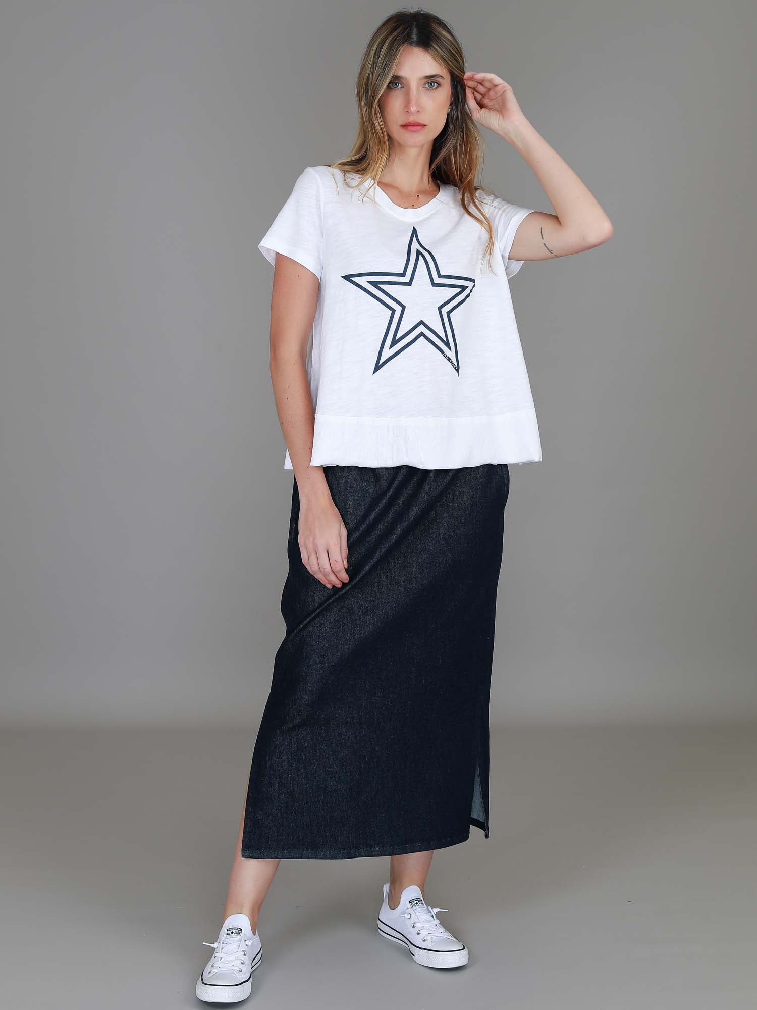 mid length denim skirt #color_dark denim