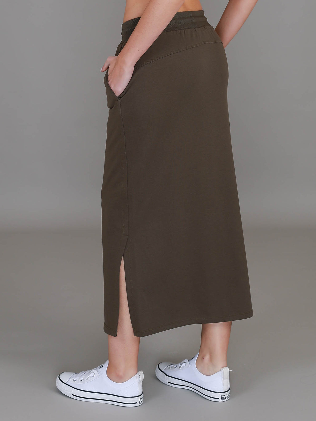 green midi skirt women #color_dark olive