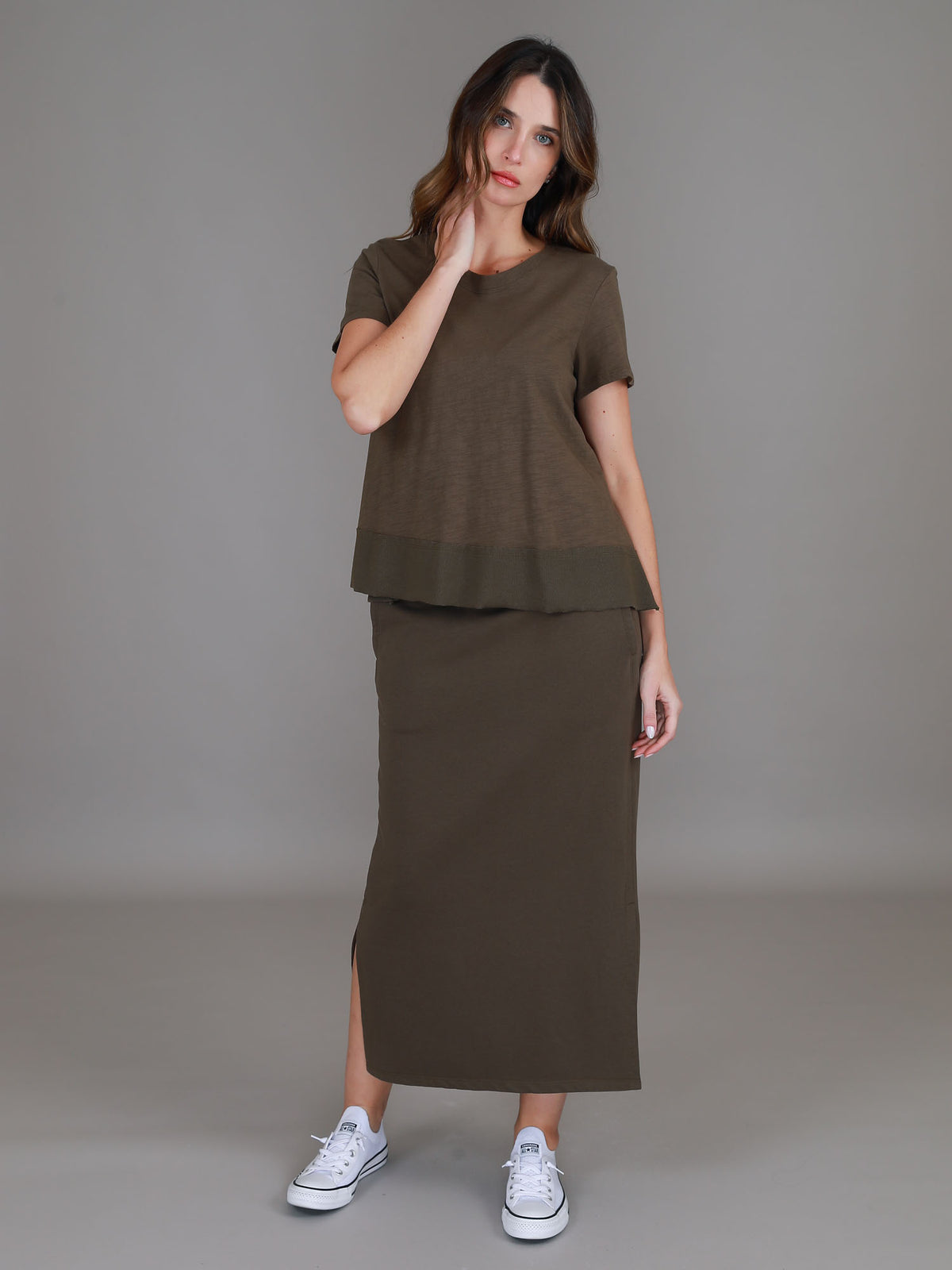 olive skirt and tee set #color_dark olive