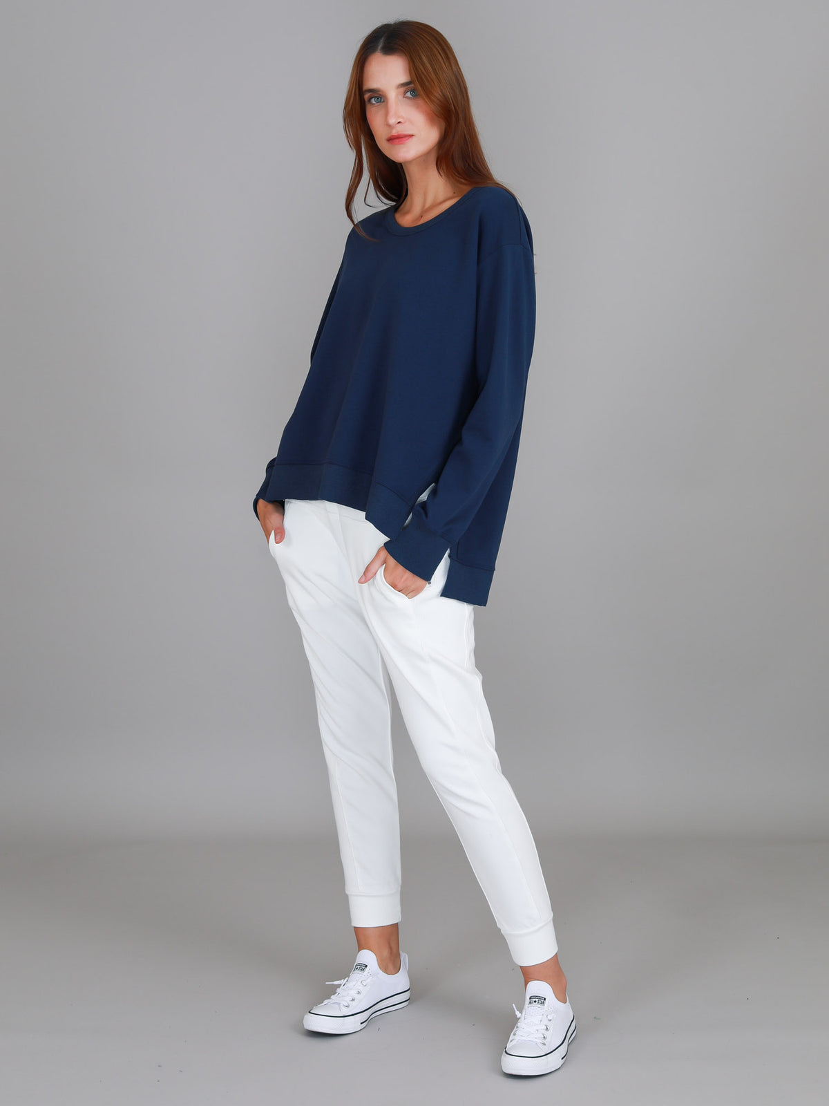 indigo sweatshirt side split