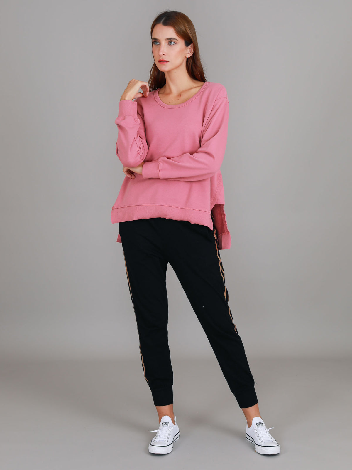 tango pink french terry sweatshirt