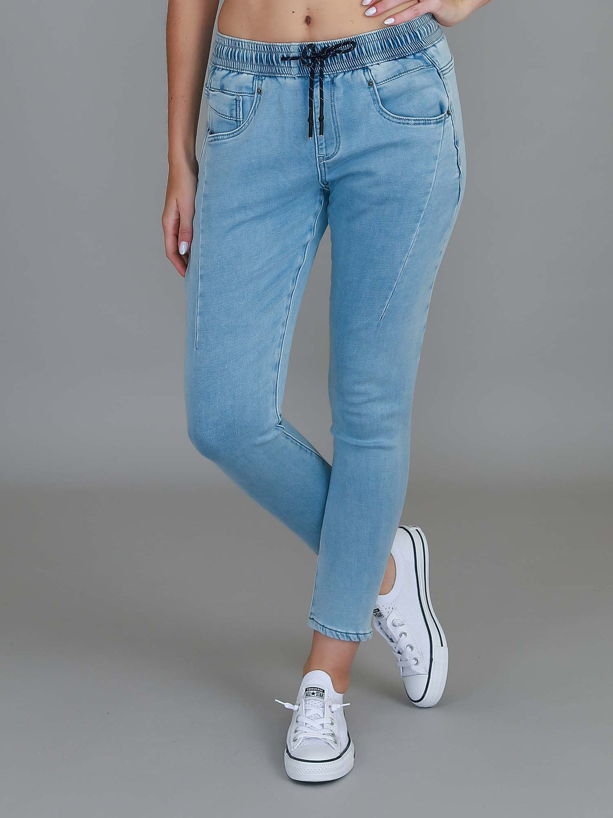 light blue denim joggers