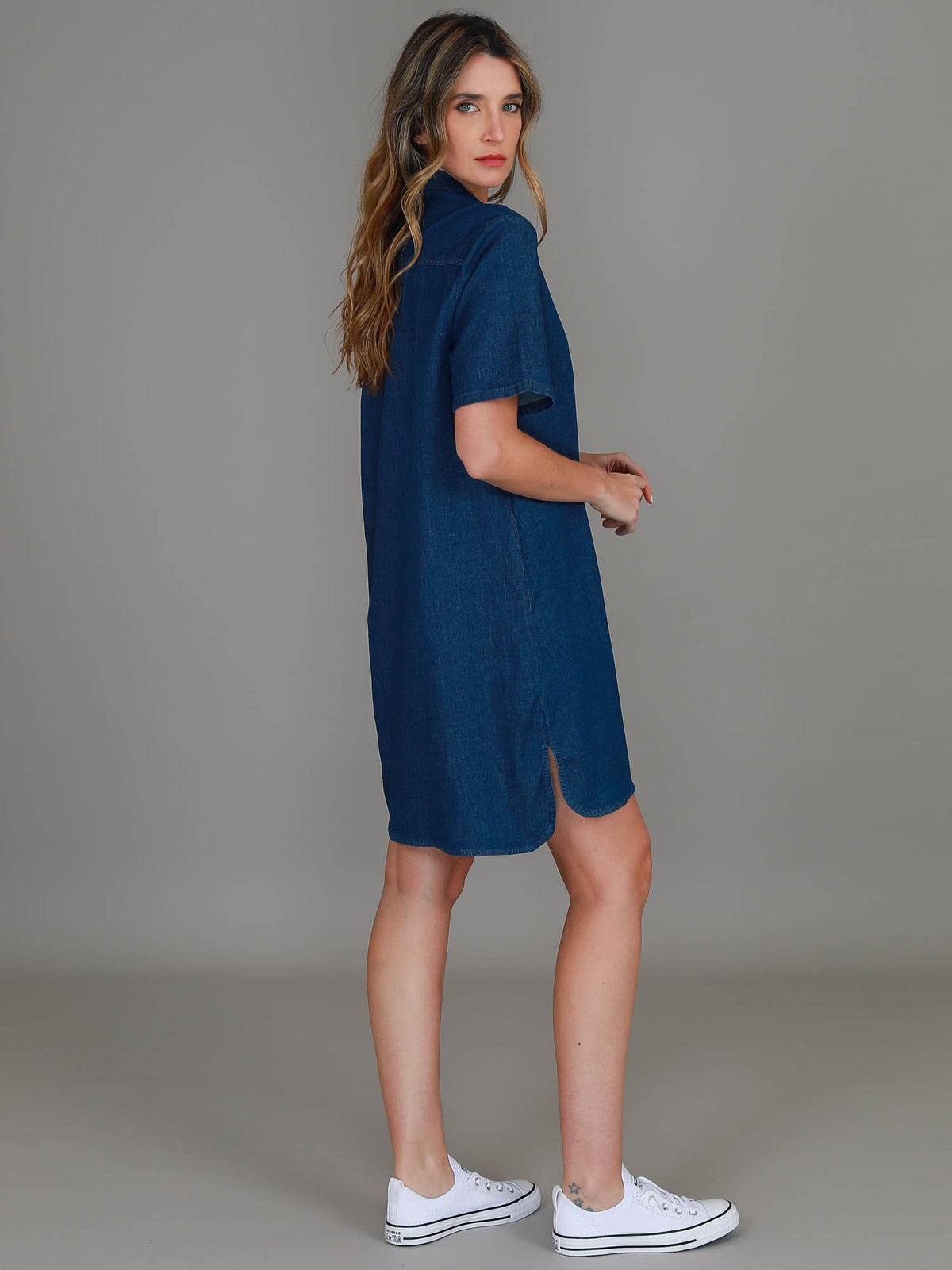 split hem denim dress