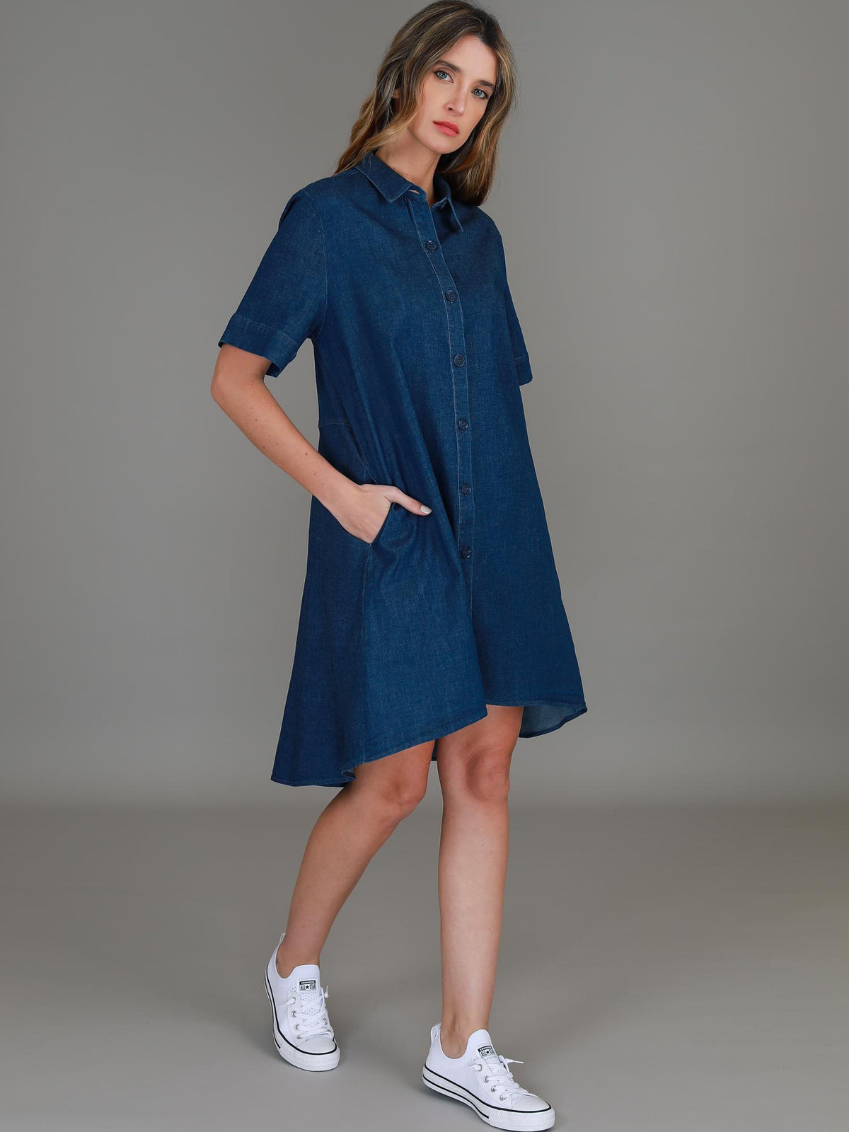 button up denim dress
