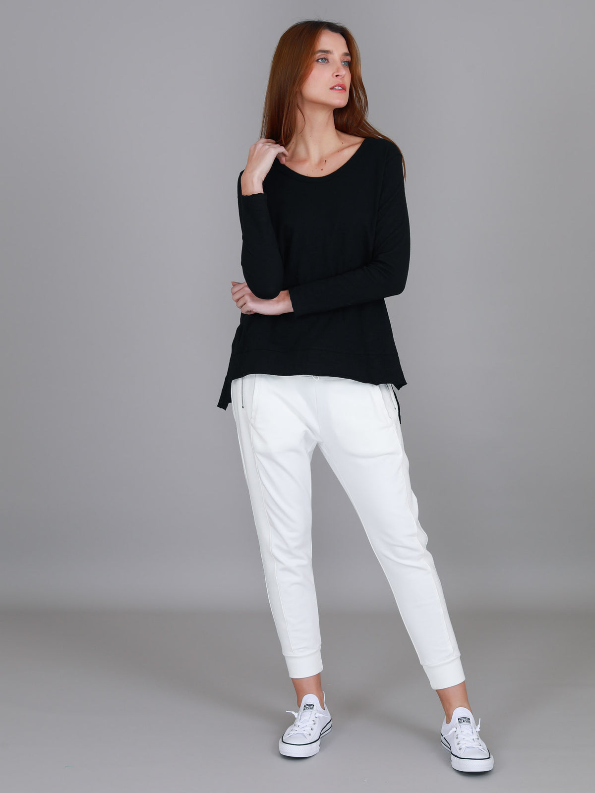 black scoop neck long sleeve tee