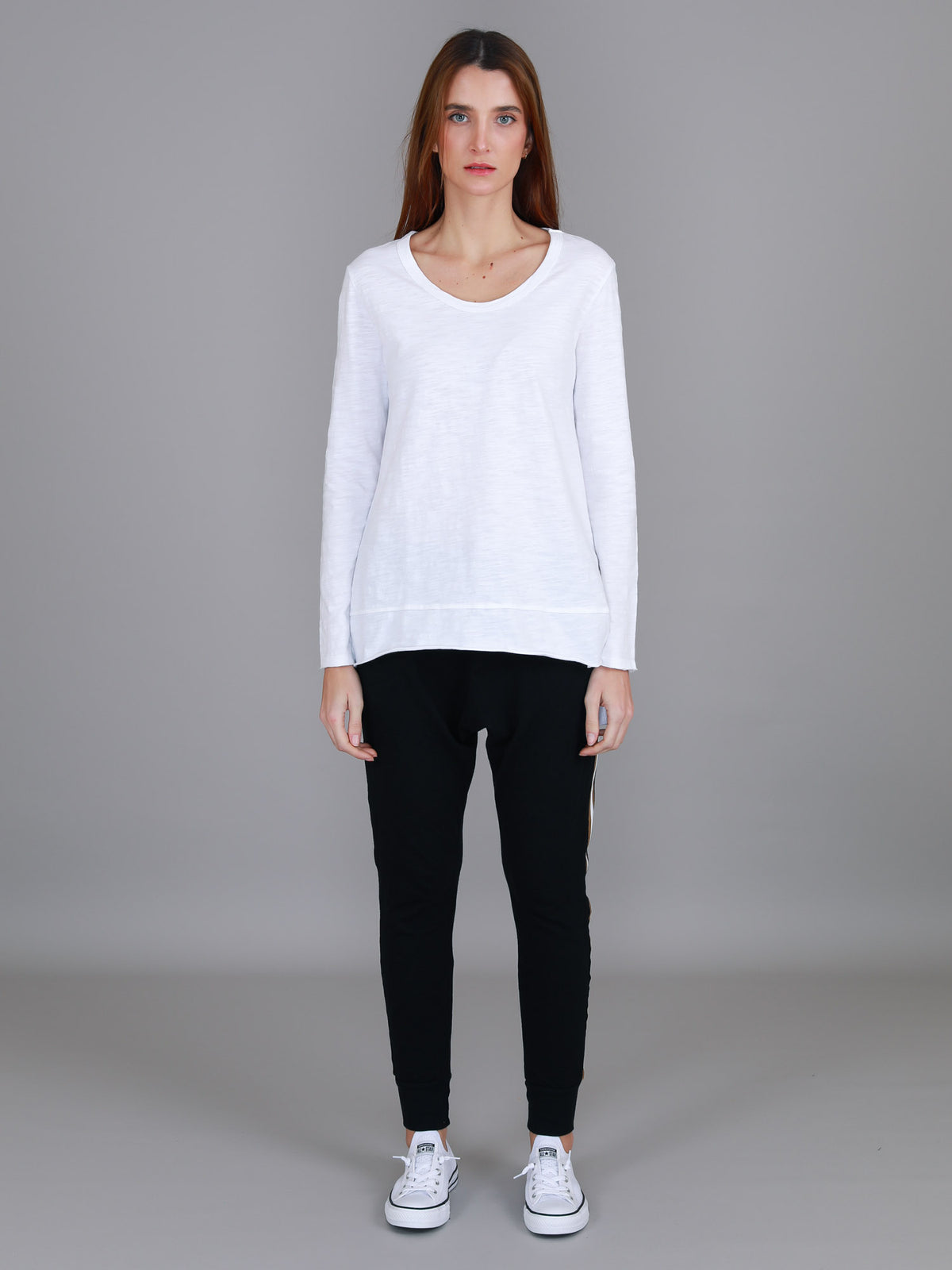 white scoop long sleeve top