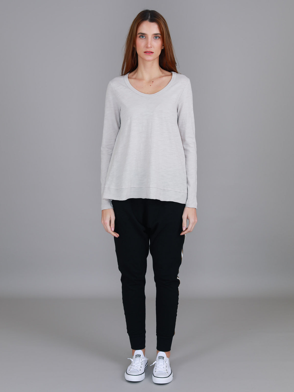 beige asymmetric hem tee women