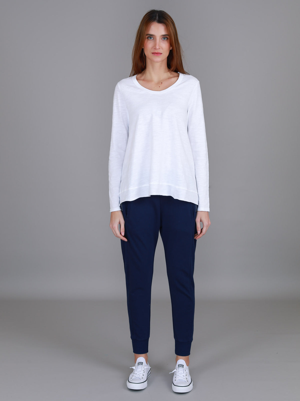 white asymmetric hem tee women
