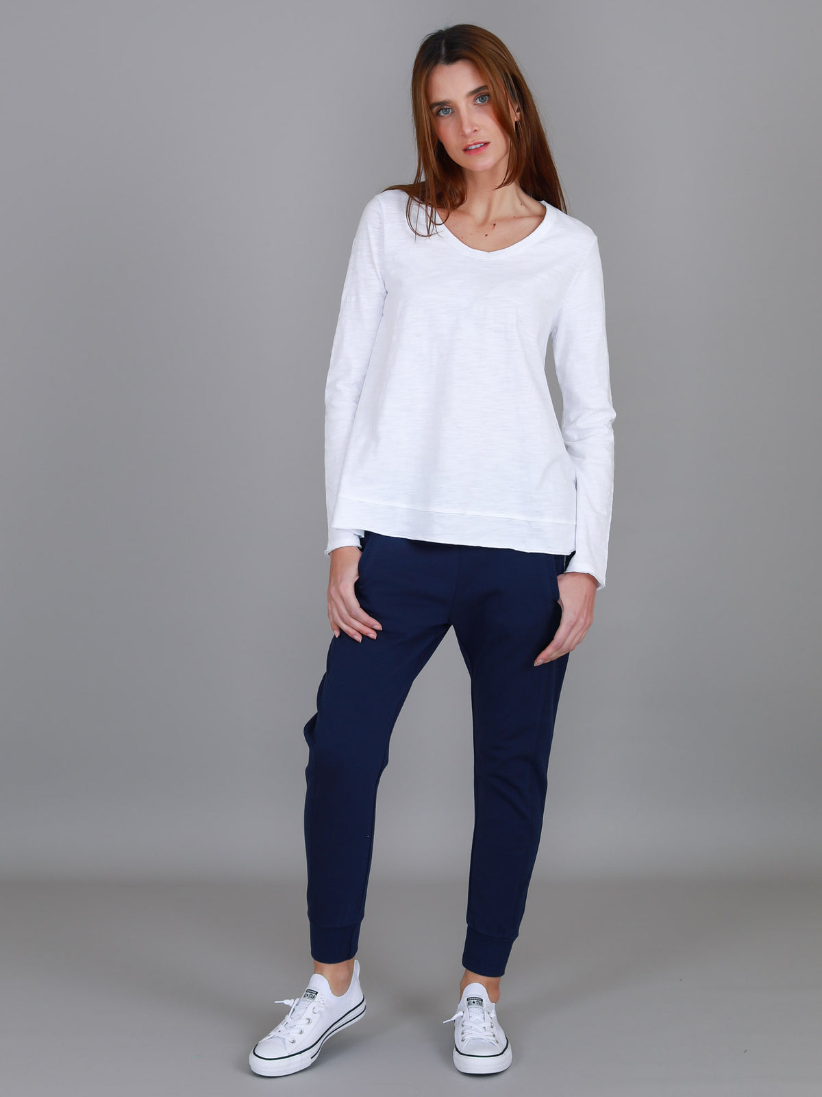 white angled hem long sleeve tee