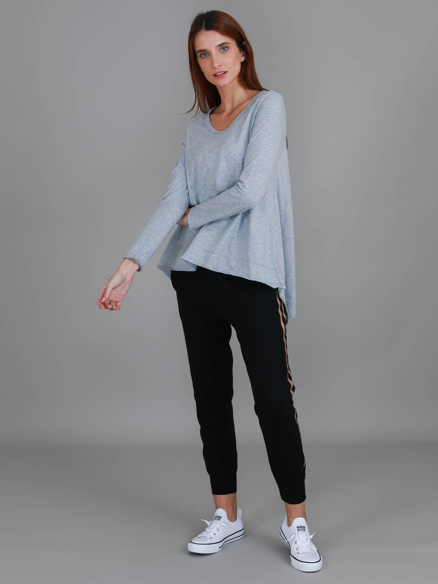 asymmetrical hem long sleeve top #color_grey marle