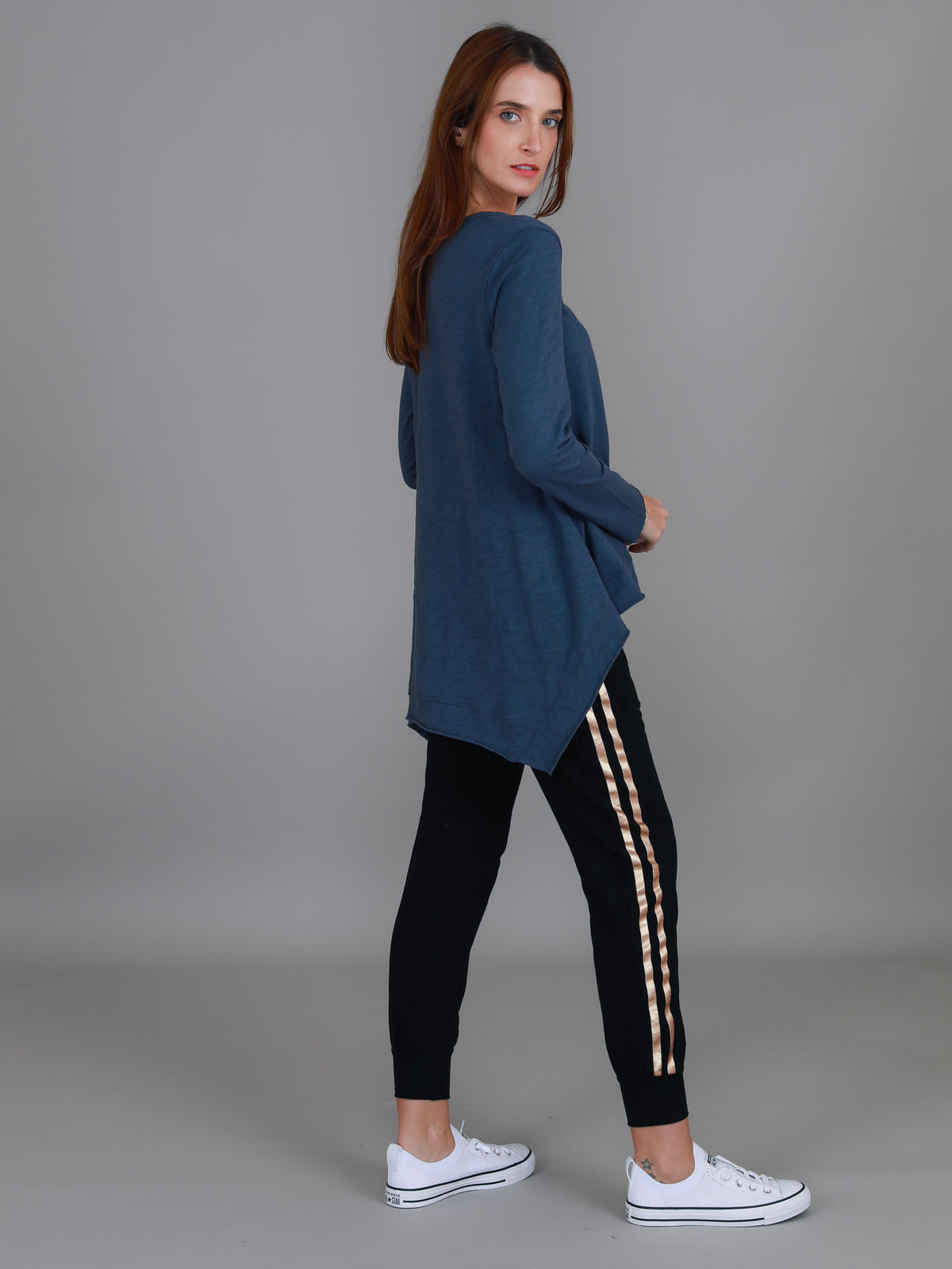 indigo angled hem long sleeve tee