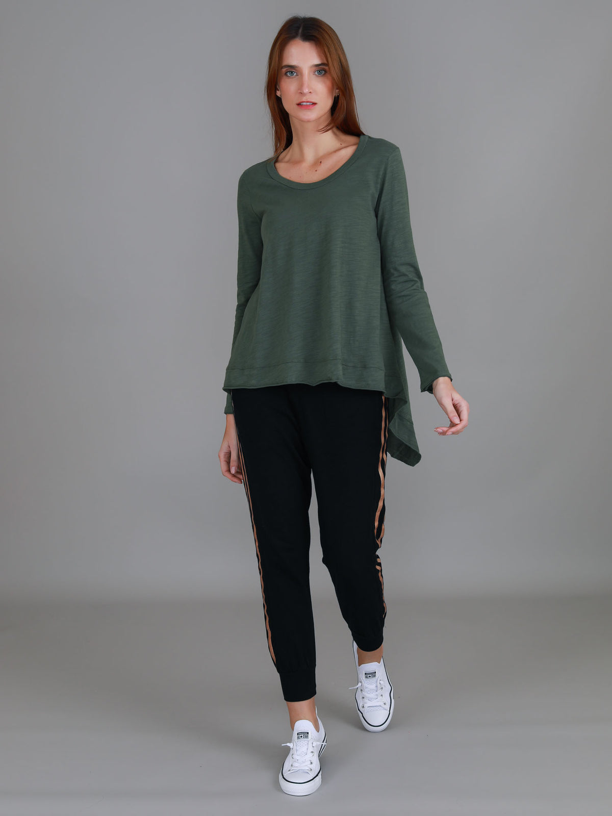 khaki angled hem long sleeve tee