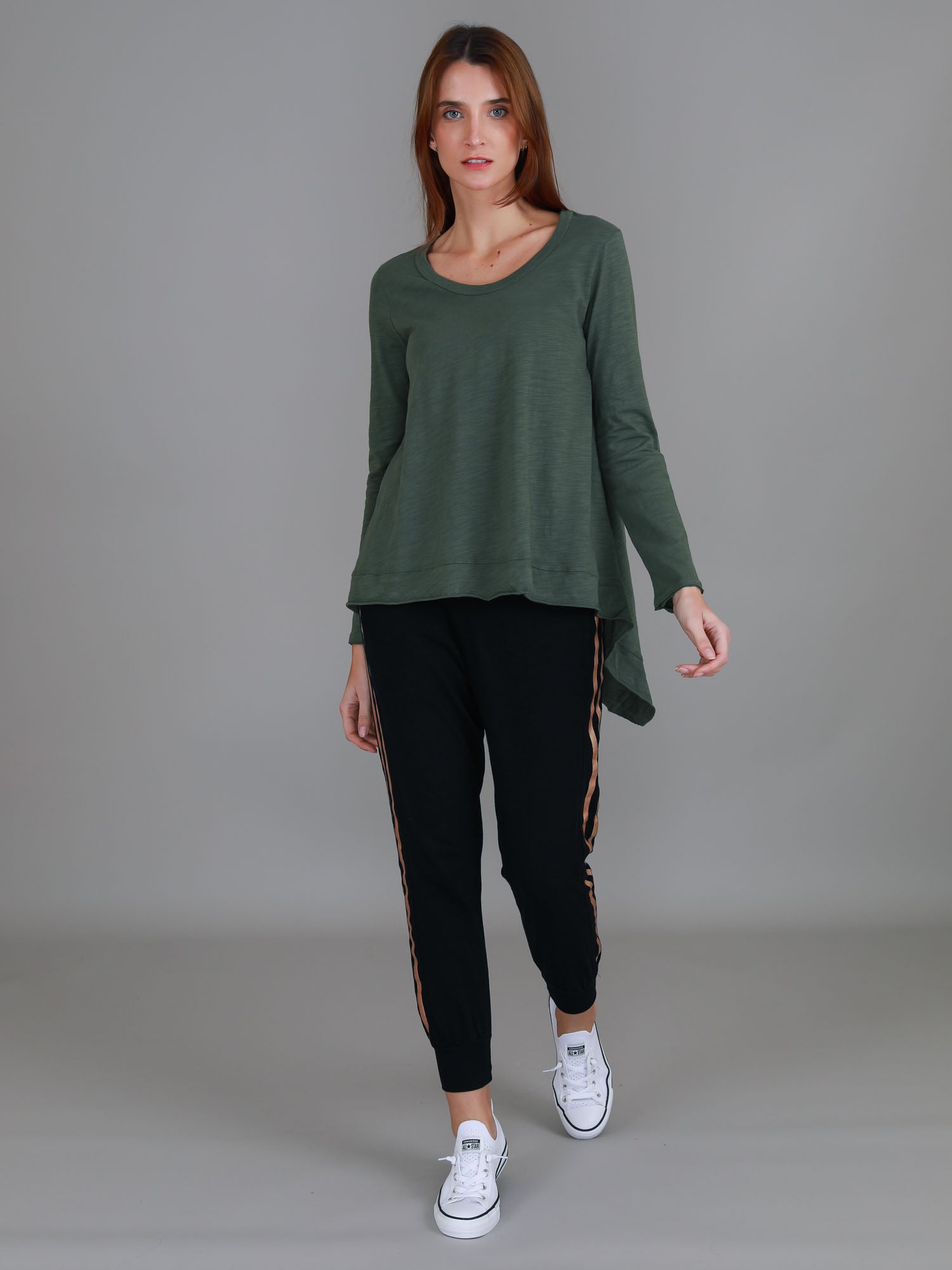 asymmetrical long sleeve top #color_khaki