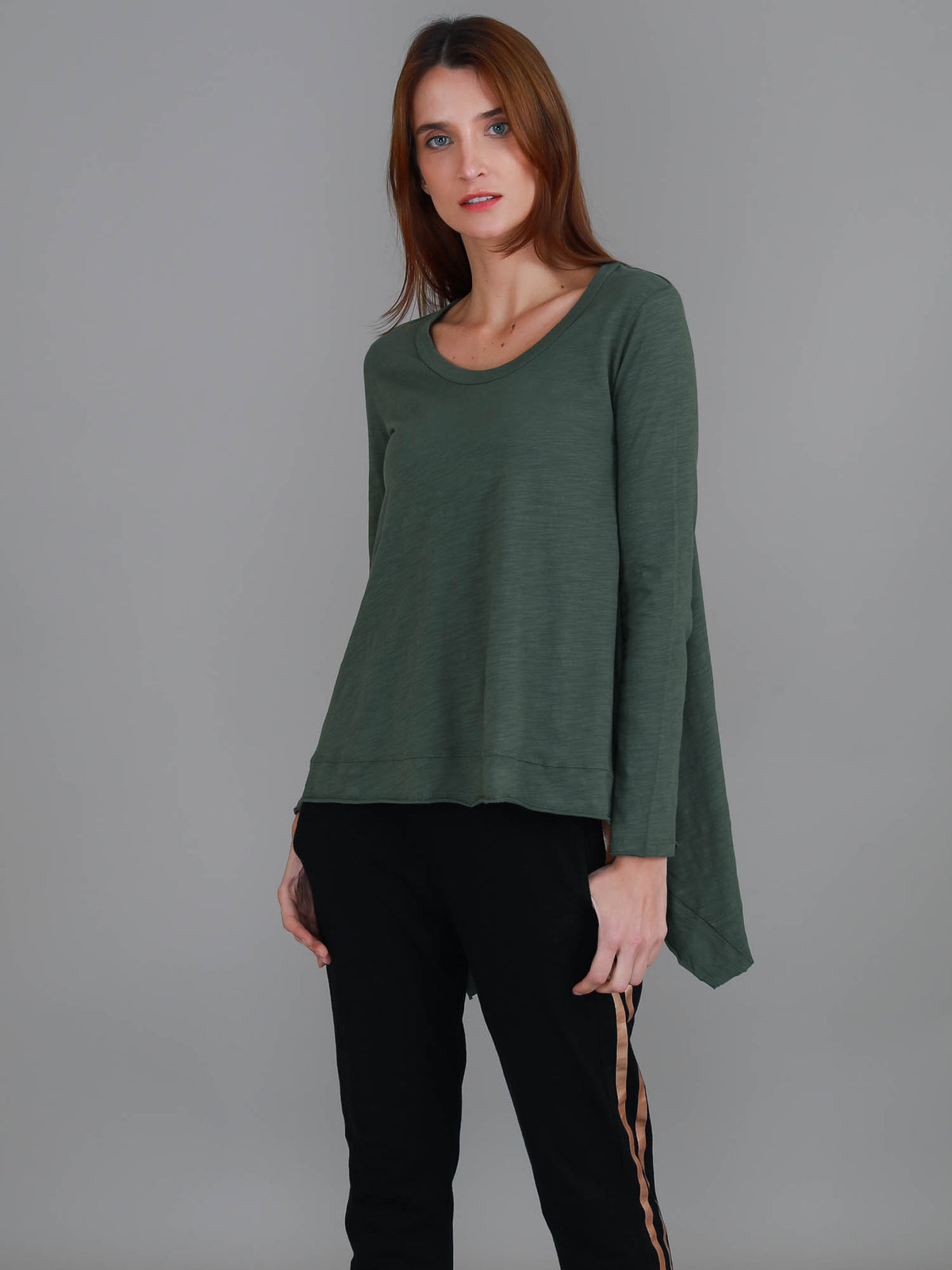 khaki asymmetric hem long sleeve tee