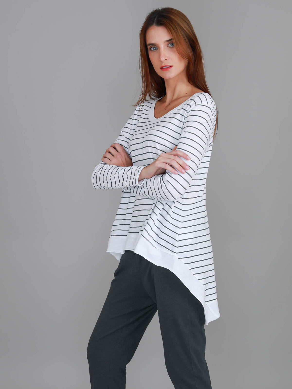 stripe asymmetric hem long sleeve tee